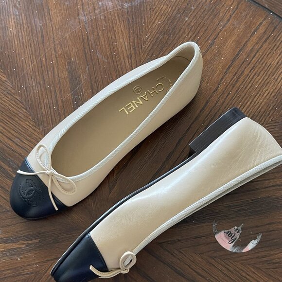 CHANEL Beige Lambskin Cap Toe Ballerina Flats - Picture 12 of 16